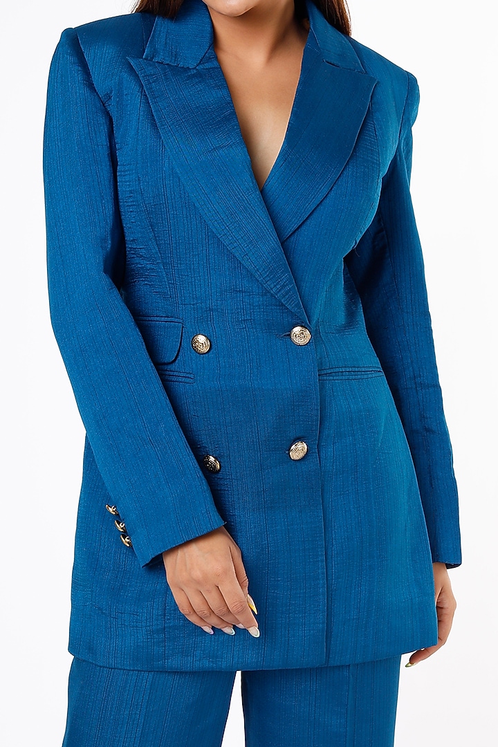 Dark Blue Nysa Silk Blazer Set by Ranbir Mukherjee at Pernia's Pop Up Shop