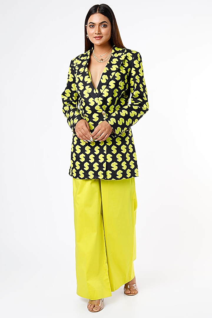 Neon Green Printed Blazer Set by Ranbir Mukherjee at Pernia's Pop Up Shop