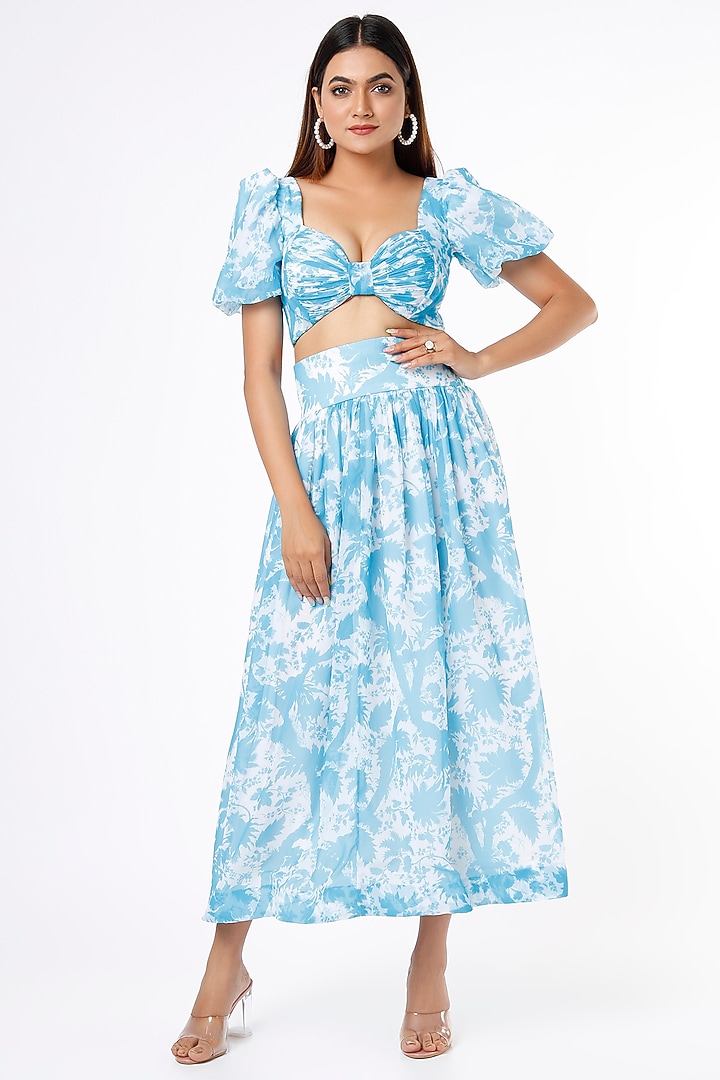 Sky Blue & White Georgette Skirt Set by Ranbir Mukherjee at Pernia's Pop Up Shop