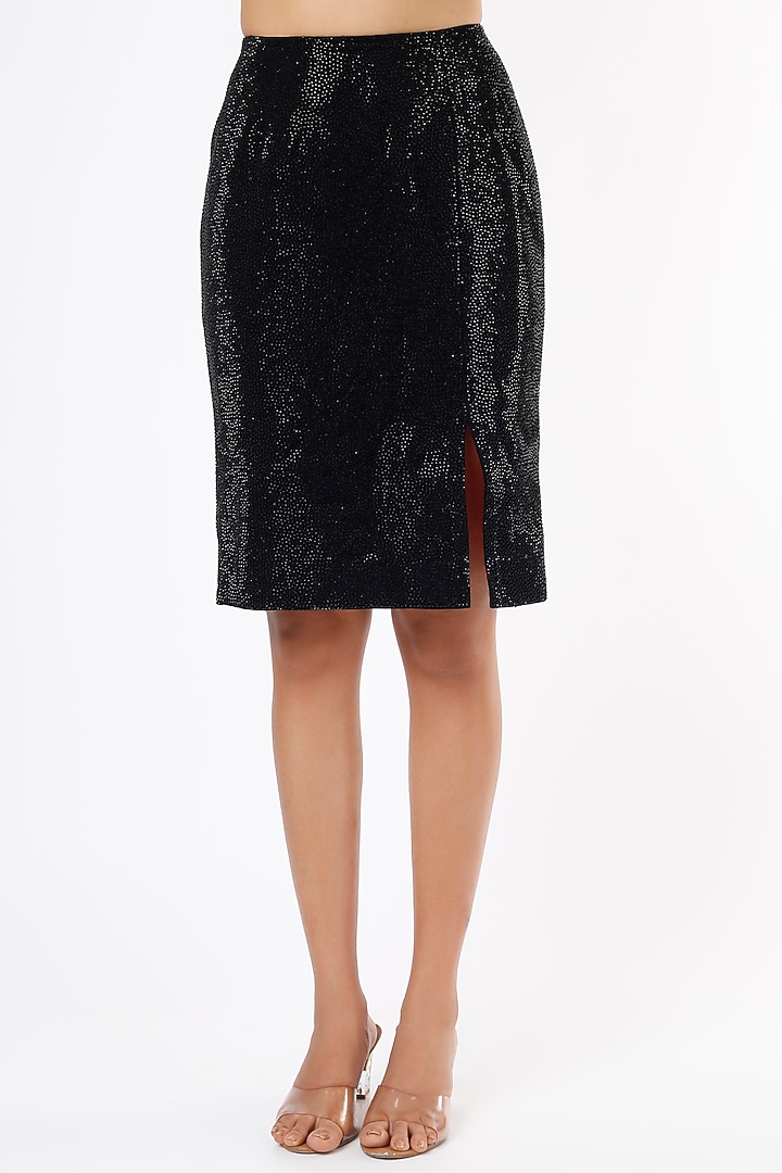 Black Italian Crepe Skirt Set by Ranbir Mukherjee at Pernia's Pop Up Shop