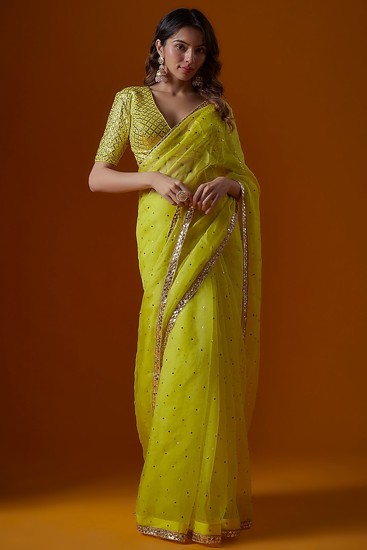 Lime Yellow Pure Organza Embroidered Saree Set by Ranbir Mukherjee