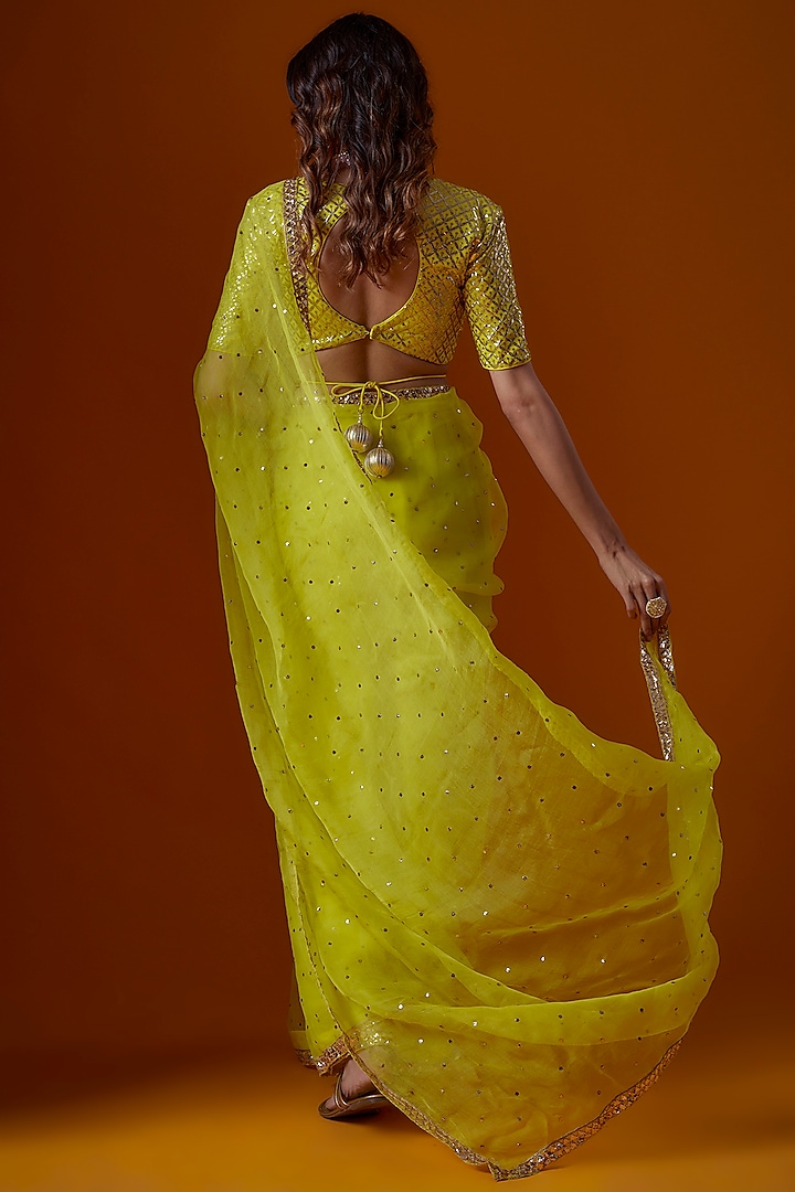 Lime Yellow Pure Organza Embroidered Wedding Saree Set by Ranbir Mukherjee at Pernia's Pop Up Shop