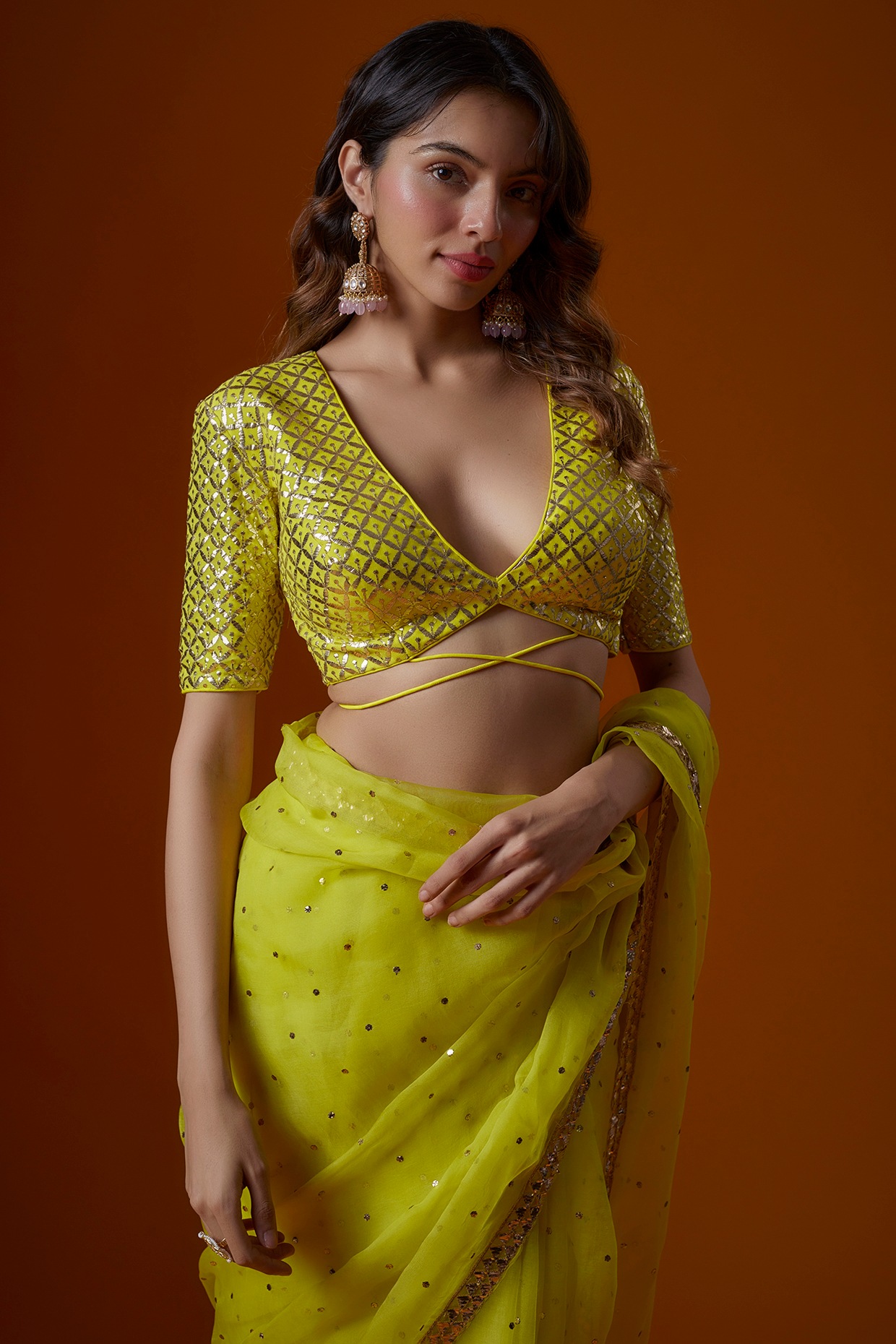 Lime Yellow Designer Organza Draped Saree For Women Online