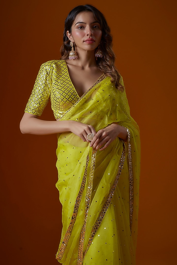 Lime Yellow Pure Organza Embroidered Wedding Saree Set by Ranbir Mukherjee at Pernia's Pop Up Shop