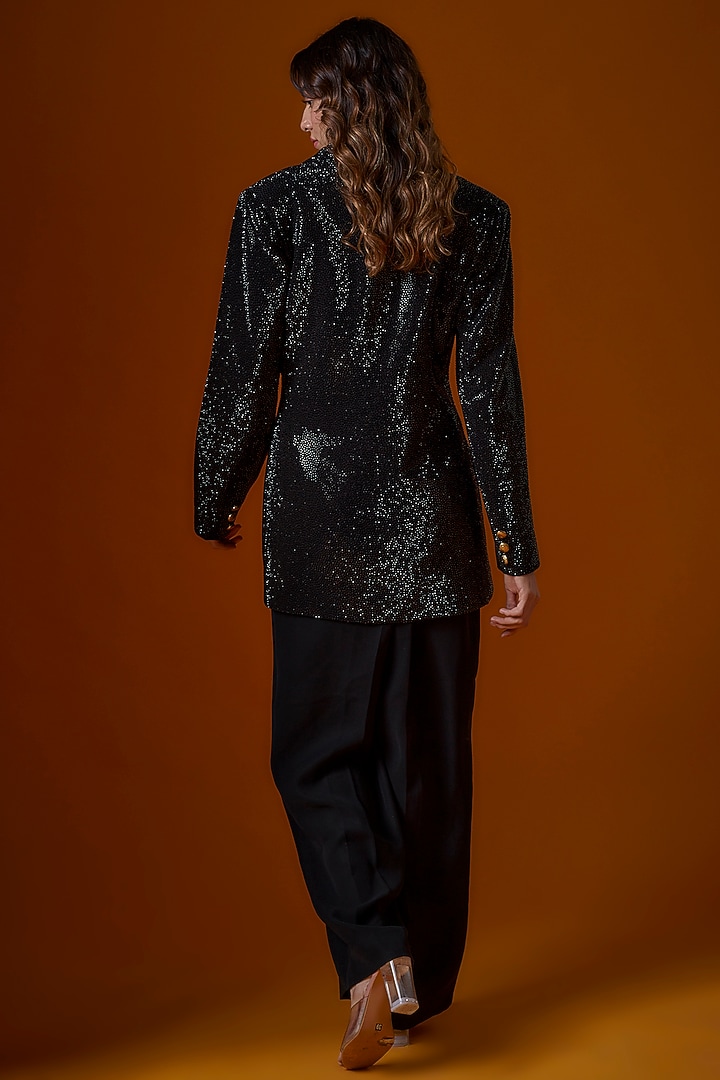 Black Crepe Embroidered Blazer Set by Ranbir Mukherjee at Pernia's Pop Up Shop