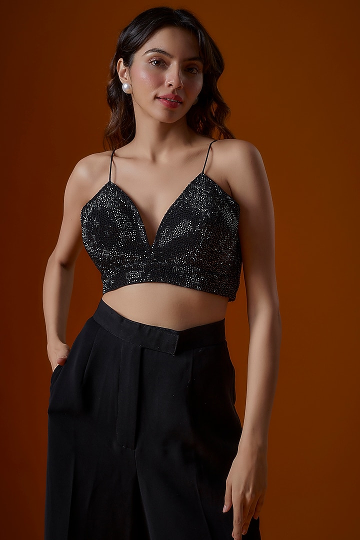 Black Crepe Embroidered Blazer Set by Ranbir Mukherjee at Pernia's Pop Up Shop