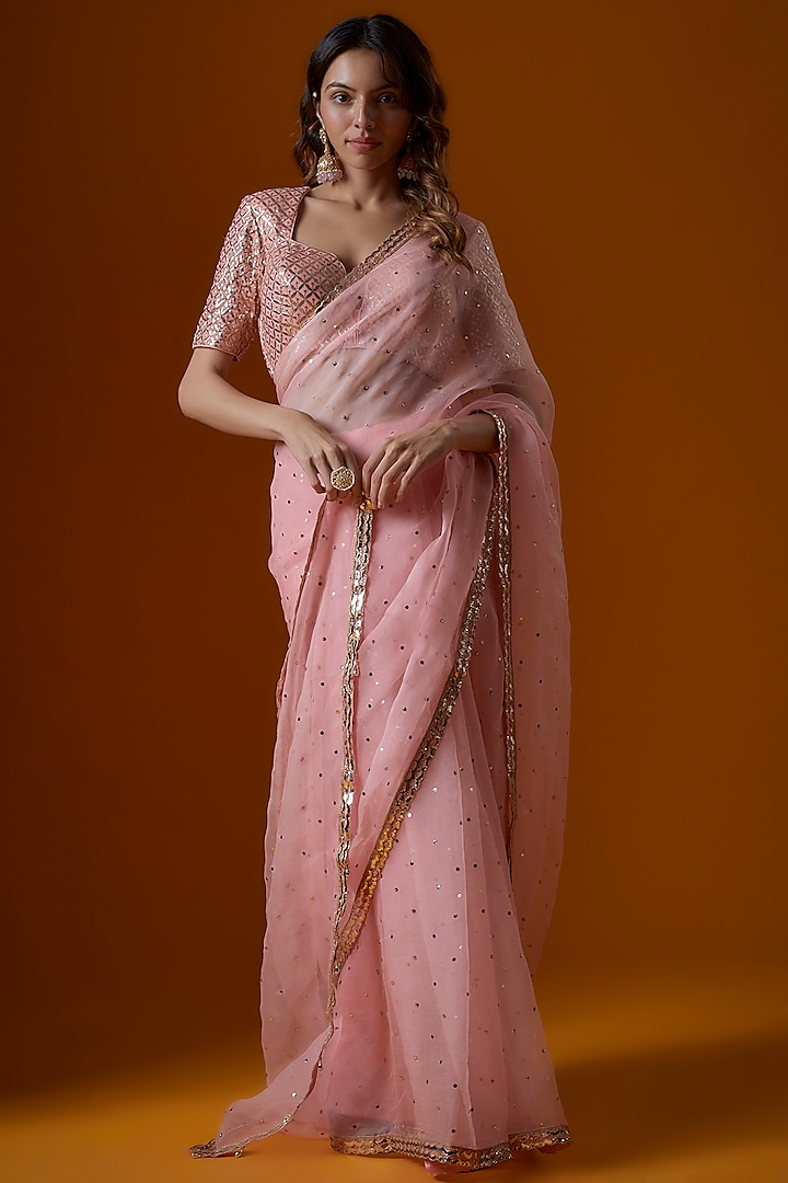 Light Pink Pure Organza Embroidered Saree Set by Ranbir Mukherjee