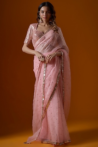 Light Pink Pure Organza Embroidered Saree Set by Ranbir Mukherjee