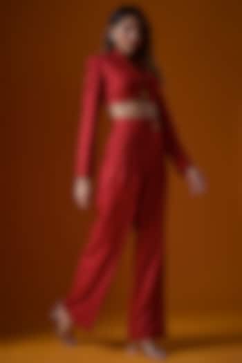 Red Suiting Fabric Crop Blazer Set by Ranbir Mukherjee