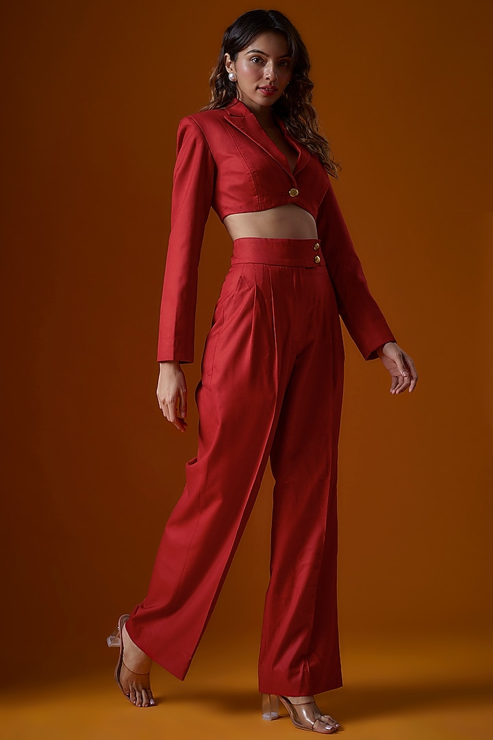 Red Suiting Fabric Crop Blazer Set by Ranbir Mukherjee