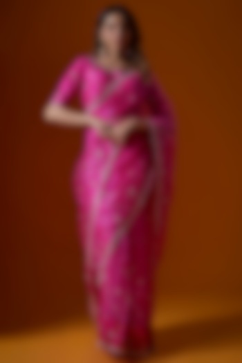 Bright Pink Organza Embroidered Wedding Saree Set by Ranbir Mukherjee at Pernia's Pop Up Shop