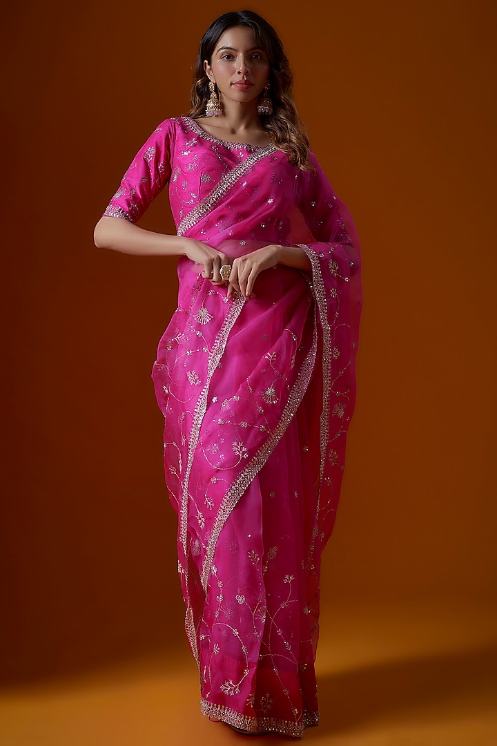 Bright Pink Organza Embroidered Saree Set by Ranbir Mukherjee