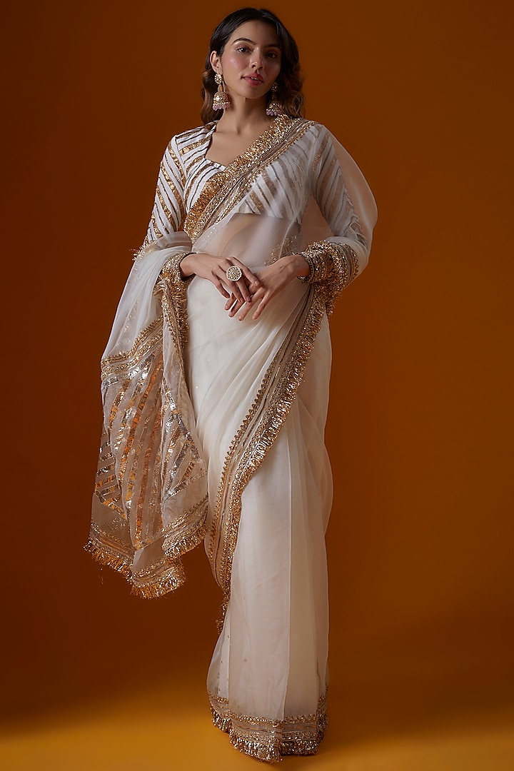 Ivory Organza Hand Embroidered Saree Set by Ranbir Mukherjee at Pernia's Pop Up Shop