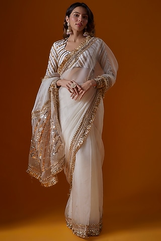 Ivory Organza Hand Embroidered Saree Set by Ranbir Mukherjee