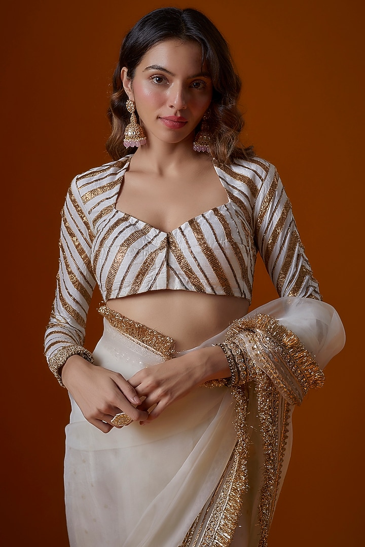 Ivory Organza Hand Embroidered Wedding Saree Set by Ranbir Mukherjee at Pernia's Pop Up Shop