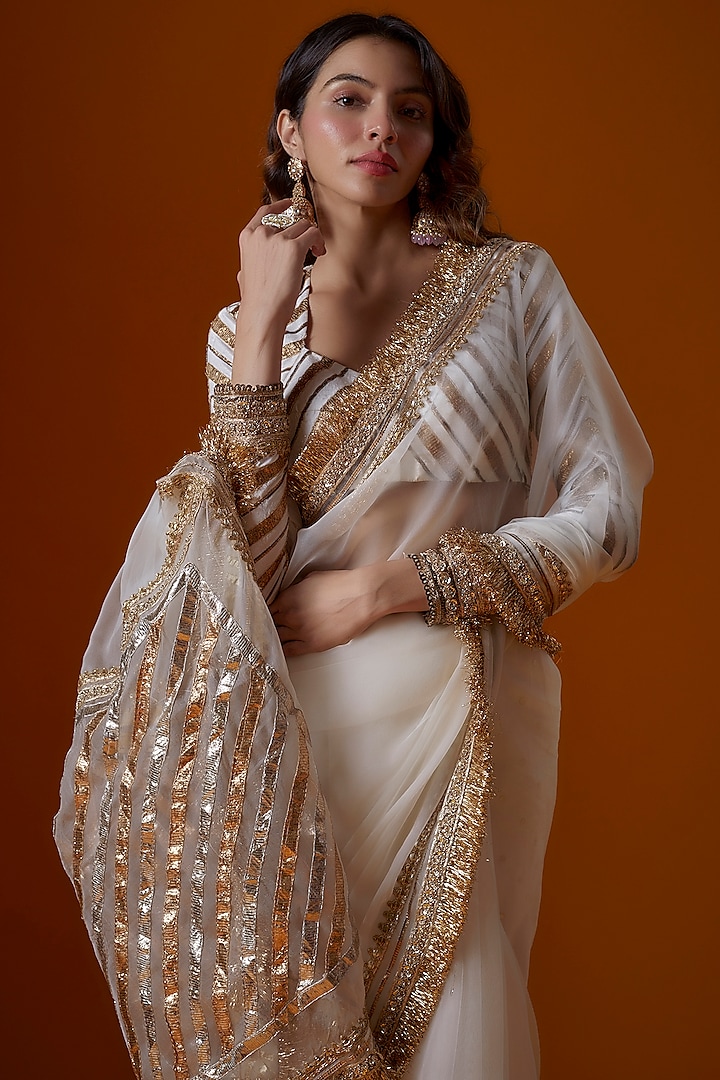 Ivory Organza Hand Embroidered Wedding Saree Set by Ranbir Mukherjee at Pernia's Pop Up Shop