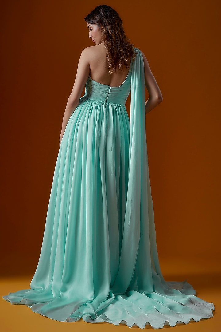 Light Blue Satin Georgette Party Wear Gown by Ranbir Mukherjee at Pernia's Pop Up Shop