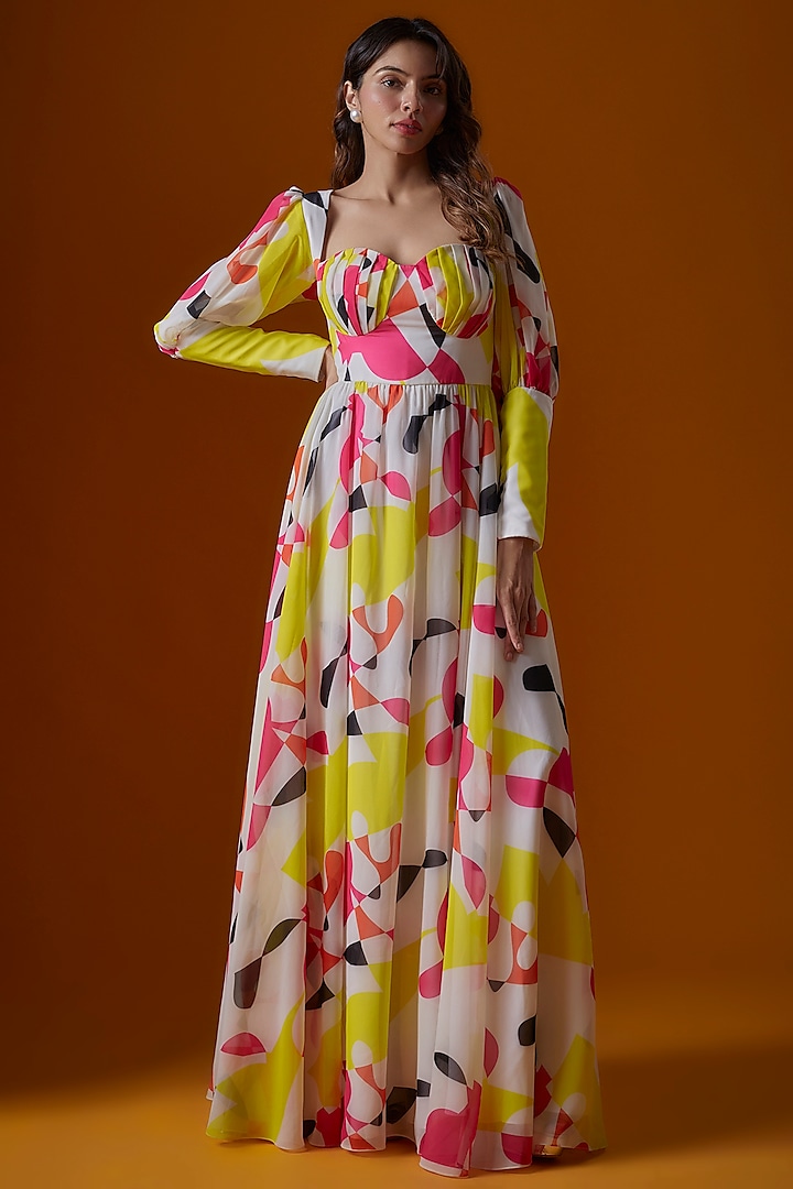 Multi-Colored Georgette Printed Gown by Ranbir Mukherjee