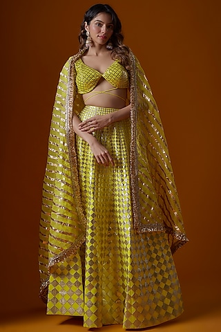 Lime Yellow Georgette Embroidered Lehenga Set by Ranbir Mukherjee