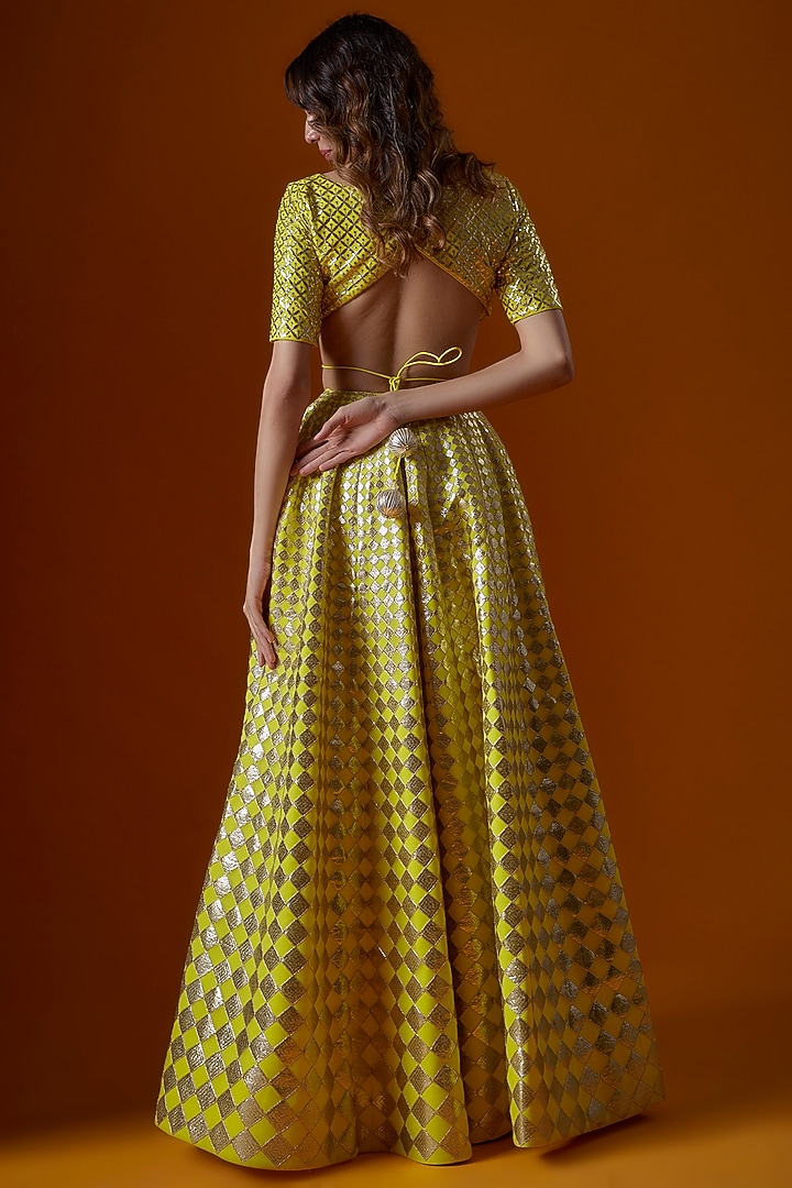 Lime Yellow Georgette Embroidered Wedding Lehenga Set by Ranbir Mukherjee at Pernia's Pop Up Shop