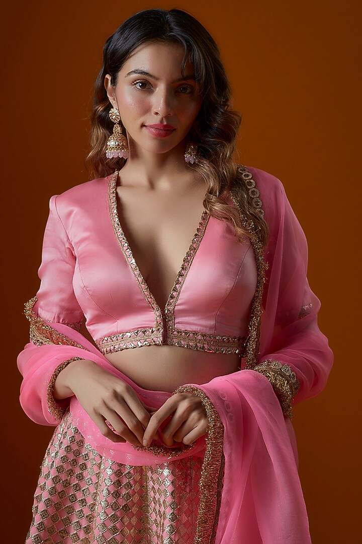 Light Pink Georgette Embroidered Wedding Lehenga Set by Ranbir Mukherjee at Pernia's Pop Up Shop