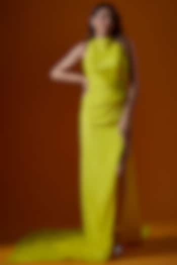 Lime Yellow Taffeta Silk Gown by Ranbir Mukherjee
