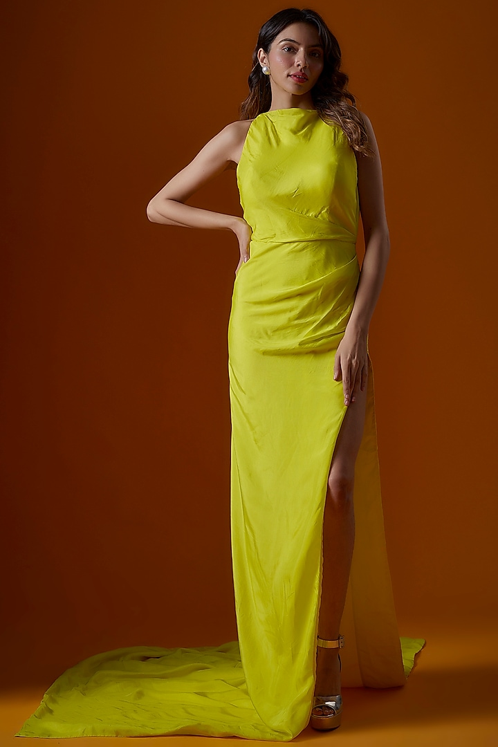 Lime Yellow Taffeta Silk Gown by Ranbir Mukherjee