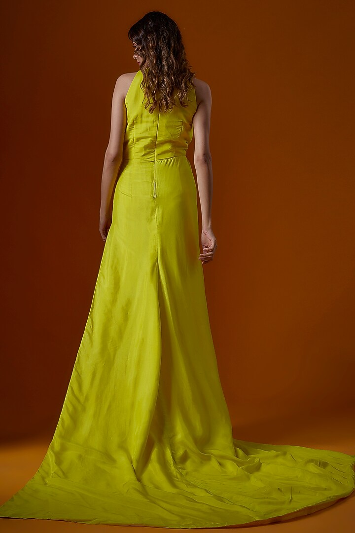 Lime Yellow Taffeta Silk Party Wear Gown by Ranbir Mukherjee at Pernia's Pop Up Shop