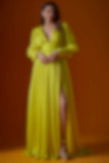 Lime Yellow Satin Georgette Gown by Ranbir Mukherjee