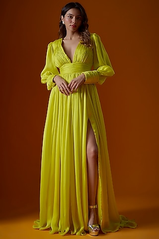 Slime Green Designer Georgette Backless Dress For Women Online