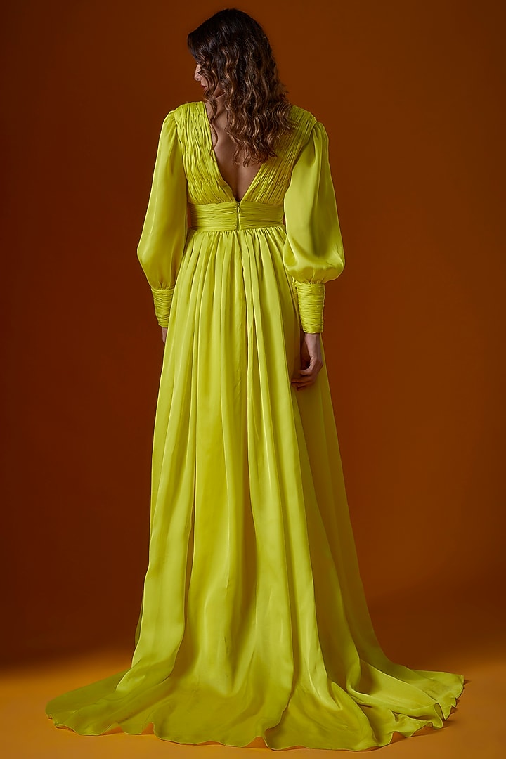 Lime Yellow Satin Georgette Party Wear Gown by Ranbir Mukherjee at Pernia's Pop Up Shop