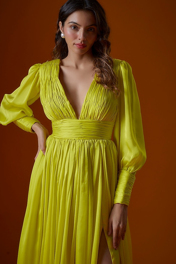 Lime Yellow Satin Georgette Party Wear Gown by Ranbir Mukherjee at Pernia's Pop Up Shop
