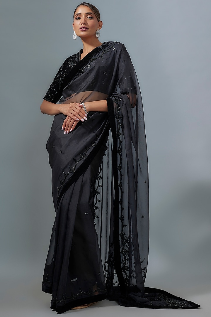 Black Organza Cutdana Hand Embroidered Saree Set by Ranbir Mukherjee at Pernia's Pop Up Shop