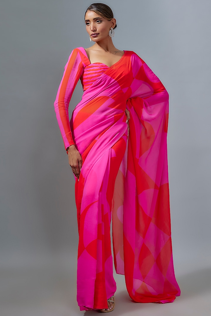 Red & Pink Viscose Georgette Abstract Printed Saree Set by Ranbir Mukherjee at Pernia's Pop Up Shop