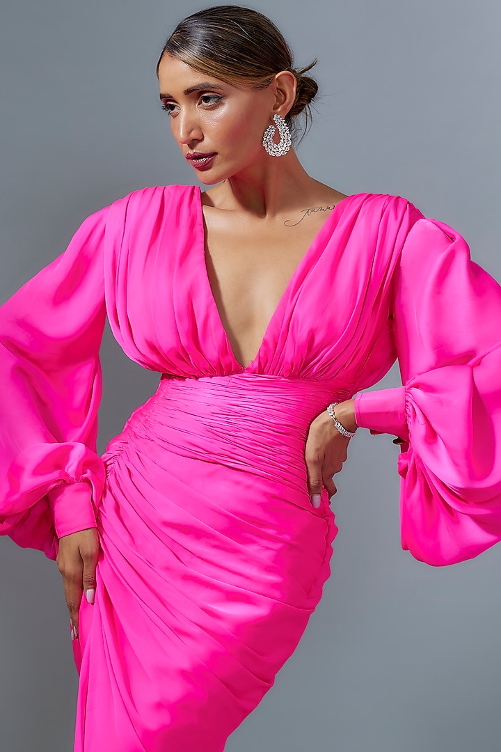 Bright Pink Satin Georgette Ruched Vacation Dress by Ranbir Mukherjee at Pernia's Pop Up Shop