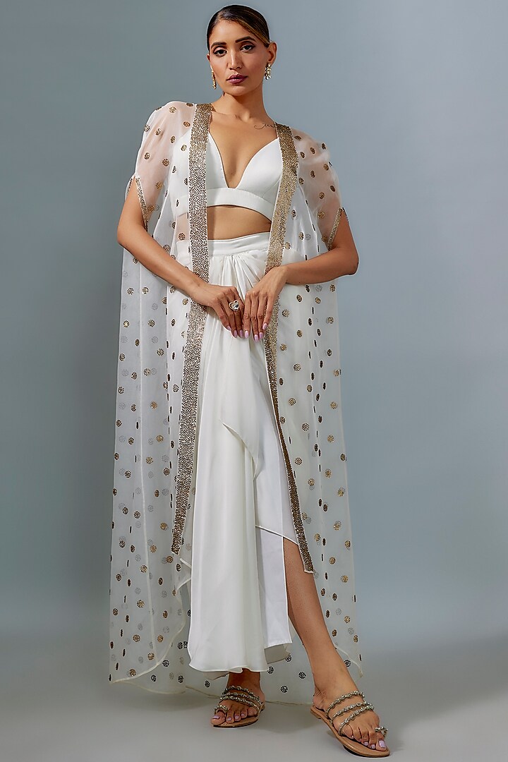 Ivory Organza Stone Embroidered Cape Set by Ranbir Mukherjee