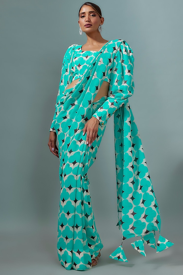 Teal Green & Brown Pure Viscose Georgette Abstract Printed Saree Set by Ranbir Mukherjee at Pernia's Pop Up Shop