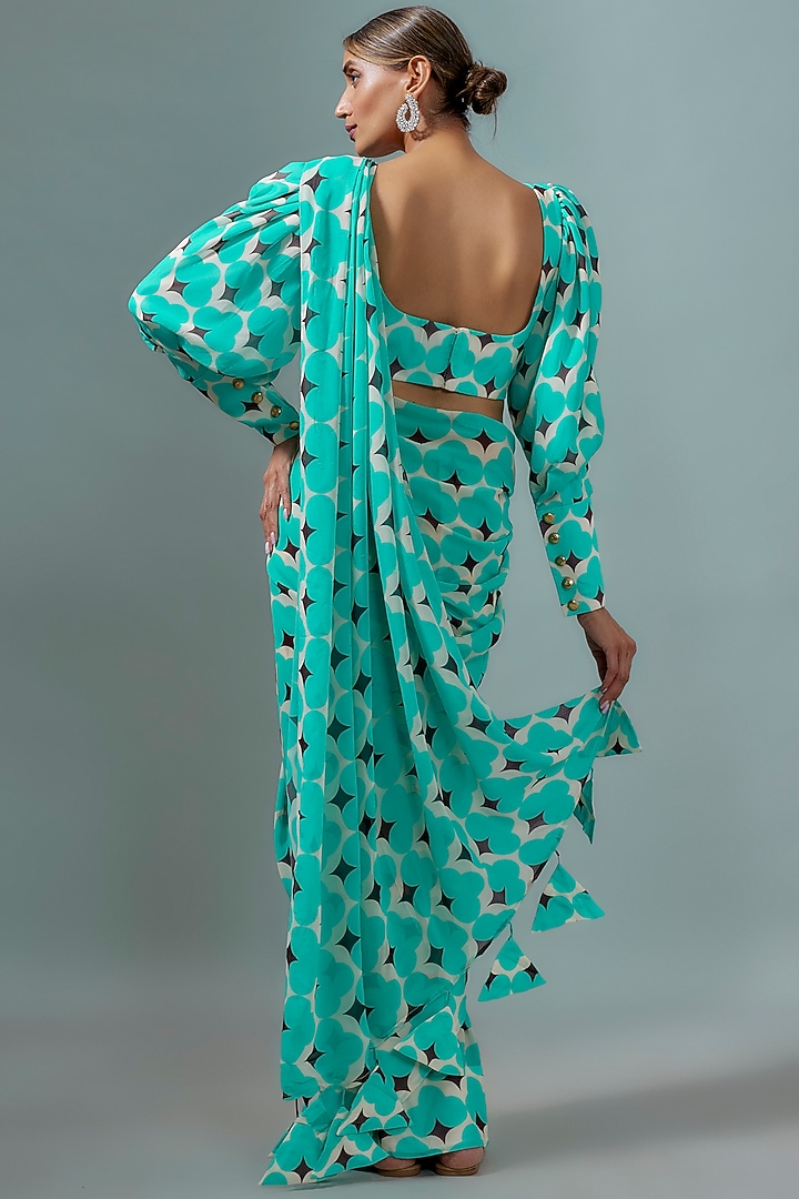 Teal Green & Brown Pure Viscose Georgette Abstract Printed Festive Saree Set by Ranbir Mukherjee at Pernia's Pop Up Shop