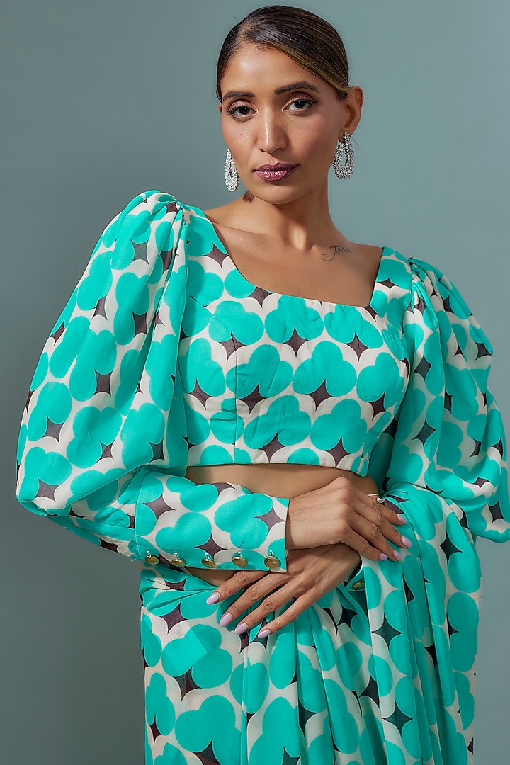 Teal Green & Brown Pure Viscose Georgette Abstract Printed Festive Saree Set by Ranbir Mukherjee at Pernia's Pop Up Shop