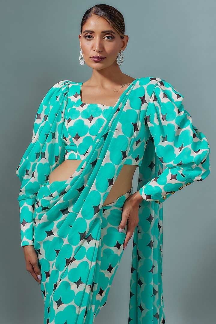 Teal Green & Brown Pure Viscose Georgette Abstract Printed Festive Saree Set by Ranbir Mukherjee at Pernia's Pop Up Shop