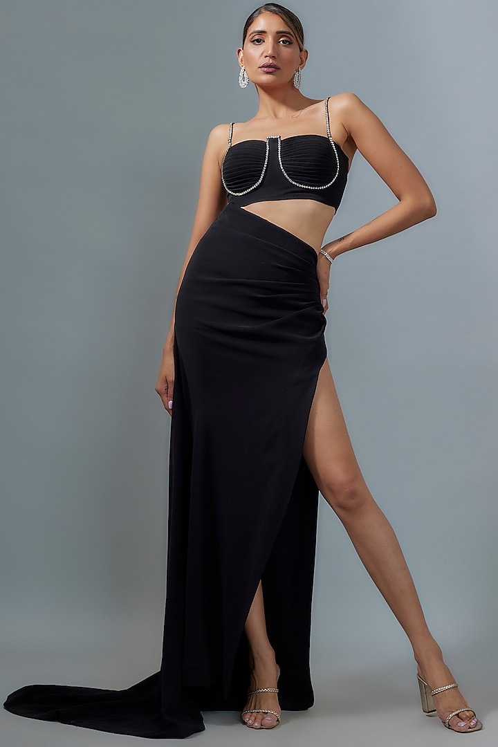 Black Crepe Diamond Embroidered Gown by Ranbir Mukherjee at Pernia's Pop Up Shop