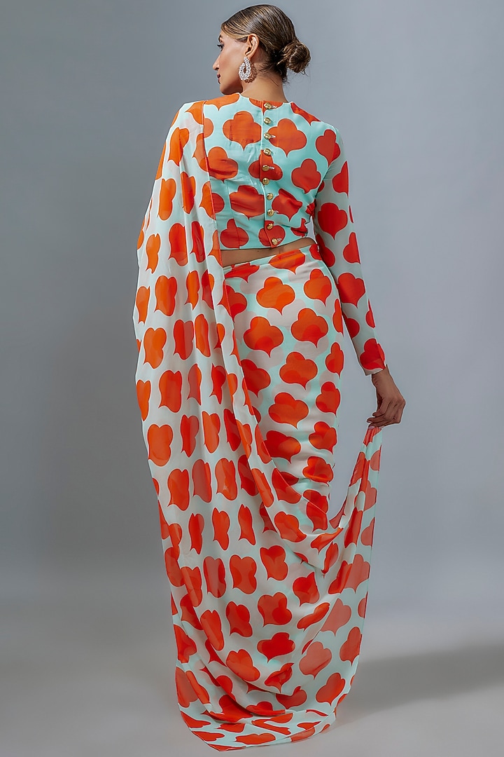 Sea Green & Orange Pure Viscose Georgette Floral printed Festive Saree Set by Ranbir Mukherjee at Pernia's Pop Up Shop