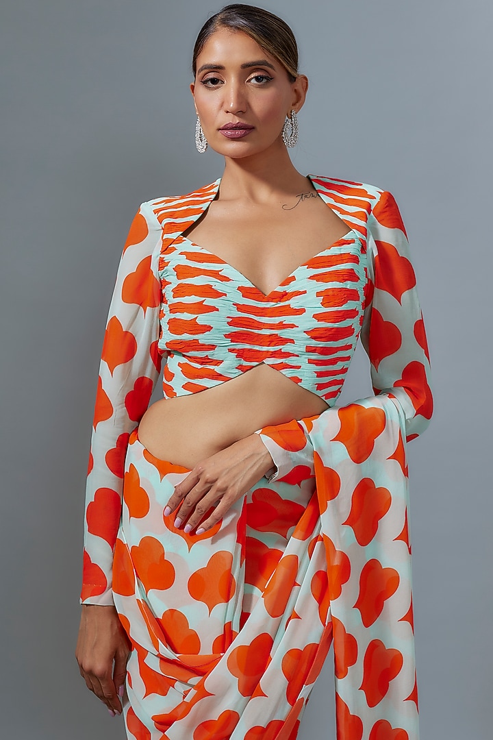 Sea Green & Orange Pure Viscose Georgette Floral printed Festive Saree Set by Ranbir Mukherjee at Pernia's Pop Up Shop