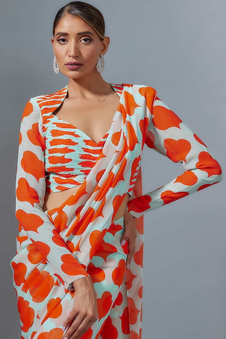 Sea Green & Orange Pure Viscose Georgette Floral printed Festive Saree Set by Ranbir Mukherjee at Pernia's Pop Up Shop