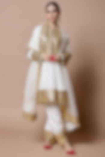 Ivory Soft Silk Gota-Patti Embroidered Kurta Set by Ranbir Mukherjee at Pernia's Pop Up Shop