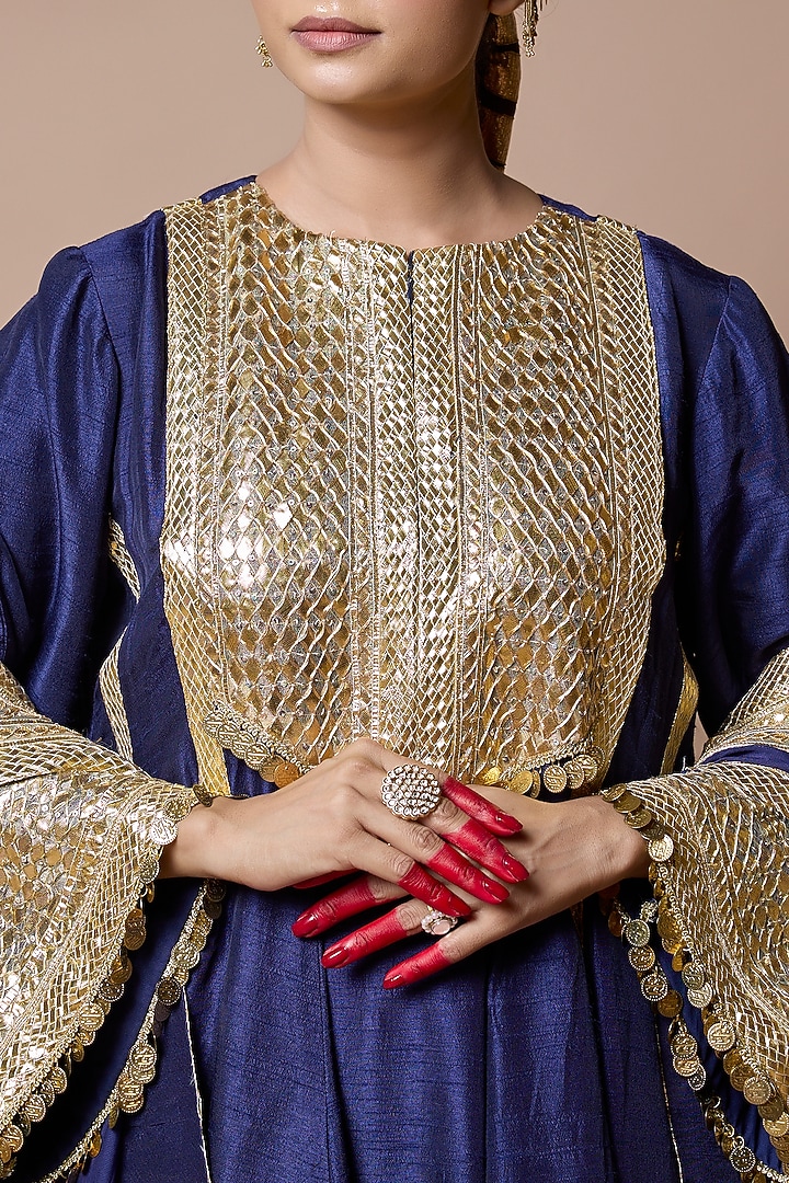 Purplish Blue Soft Silk Gota-Patti Embroidered Kurta Set by Ranbir Mukherjee at Pernia's Pop Up Shop