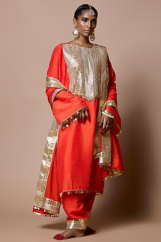 Orange Soft Silk Gota-Patti Embroidered Kurta Set by Ranbir Mukherjee