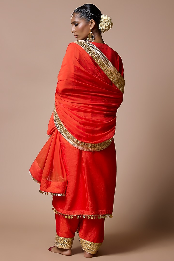 Orange Soft Silk Gota-Patti Embroidered Kurta Set by Ranbir Mukherjee at Pernia's Pop Up Shop