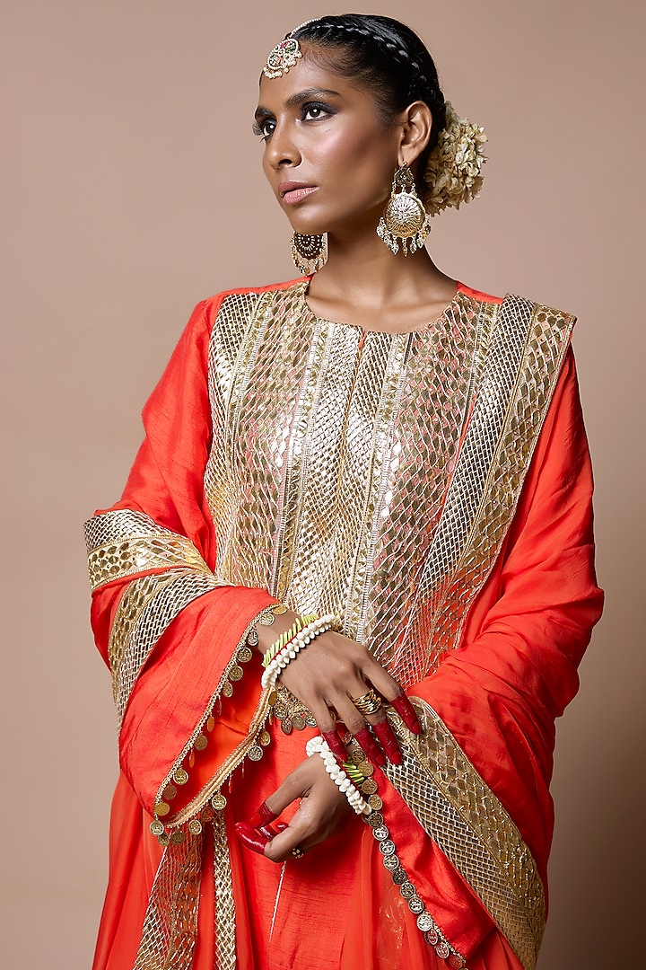 Orange Soft Silk Gota-Patti Embroidered Kurta Set by Ranbir Mukherjee at Pernia's Pop Up Shop