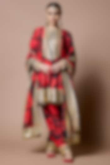 Red & Black Soft Silk Suzani Printed Kurta Set by Ranbir Mukherjee at Pernia's Pop Up Shop